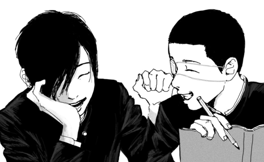 2boys, book, buzz_cut, closed_eyes, dafu_(litchi_hikari_club), eyepatch, facing_another, gakuran