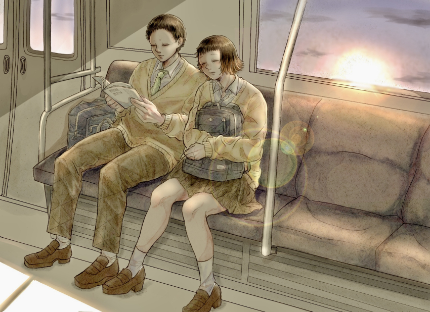 1boy, 1girl, bag, black_hair, book, brown_shoes, closed_eyes, collared_shirt