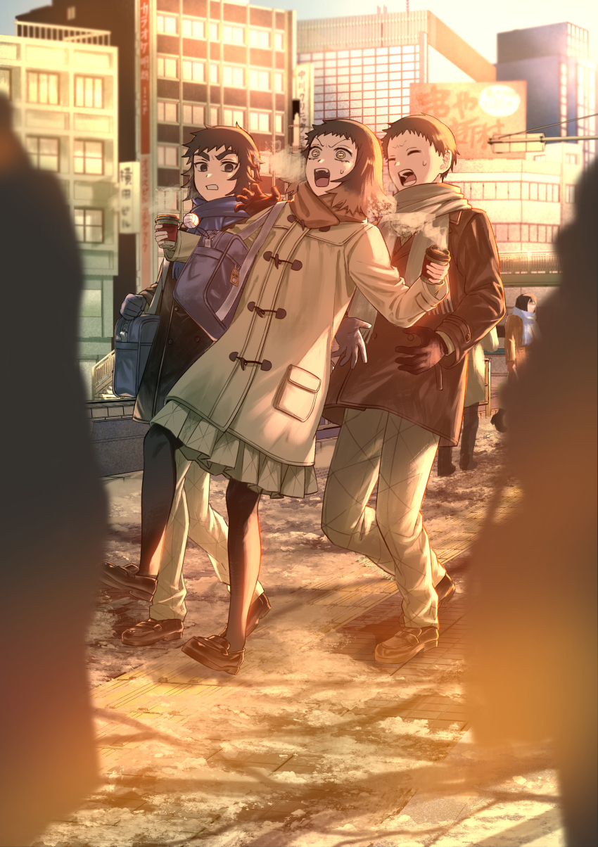 1girl, 2boys, absurdres, bag, black_eyes, black_gloves, black_hair, black_shoes