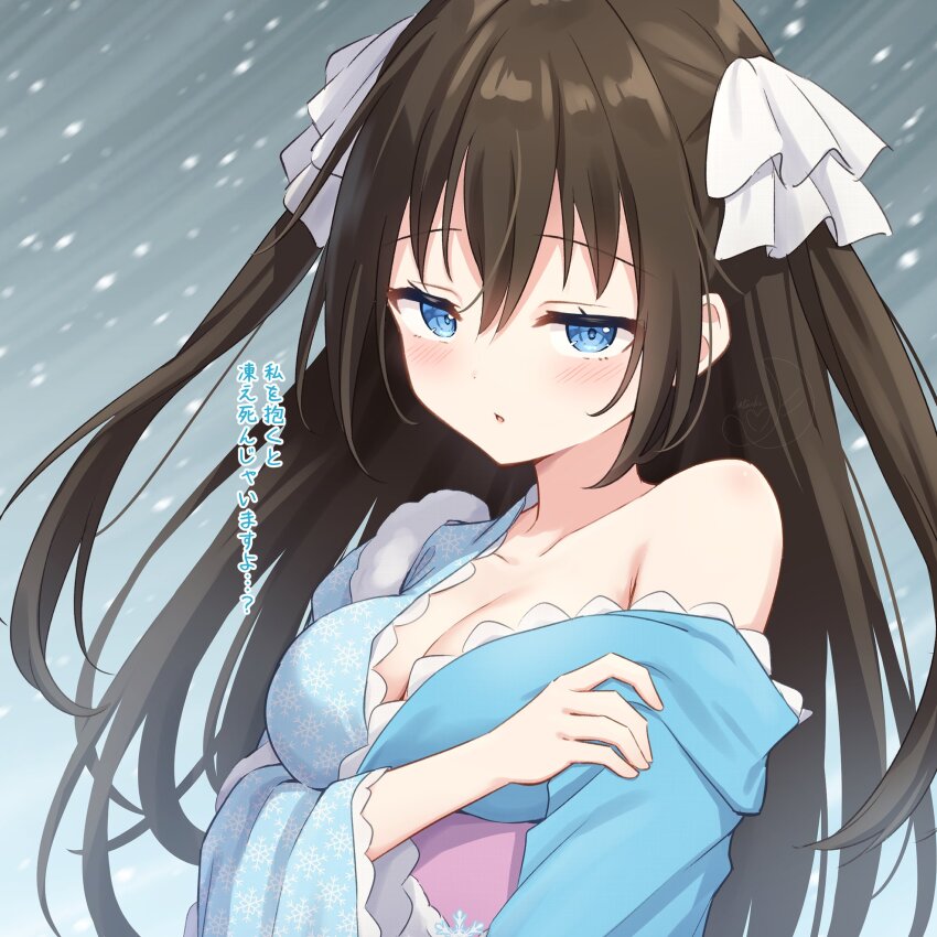 1girl, absurdres, blue_eyes, blue_kimono, breasts, brown_hair, cleavage, collarbone