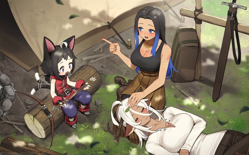 3girls, :d, :o, afterimage, ahoge, animal_ears, antlers, arrow_(projectile), artist_name, backpack, bag, belt, black_hair, black_pants, black_tank_top, blue_eyes, blue_hair, blue_pants, blush, bow_(weapon), breasts, brown_skirt, cat_ears, cat_girl, cat_tail, child, cleavage, closed_eyes, commentary, commission, deer_ears, deer_teacher_(tostantan), english_commentary, gradient_hair, grass, high-waist_skirt, highres, holding, holding_arrow, horns, index_finger_raised, lap_pillow, large_breasts, leaf, long_hair, long_sleeves, lying, multicolored_hair, multiple_girls, on_back, open_mouth, original, outdoors, pants, pleated_skirt, ponytail, scar, scar_on_arm, sheath, sheathed, short_hair, short_ponytail, sitting, sitting_on_log, skirt, smile, sword, tail, tail_wagging, tank_top, tent, tostantan, unworn_backpack, unworn_bag, weapon