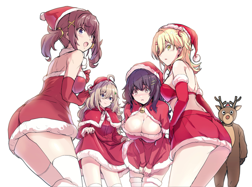 5girls, animal_costume, bell, black_hair, blonde_hair, breasts, brown_hair, capelet