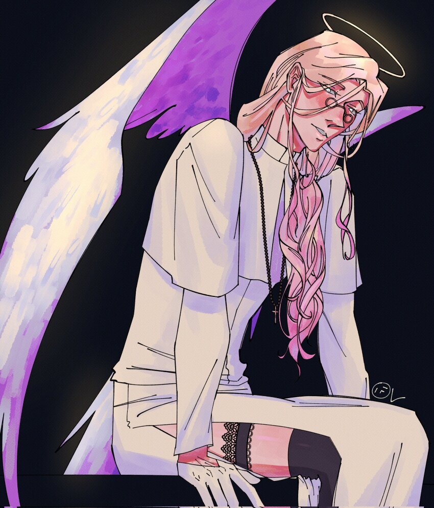 1boy, black_thighhighs, blonde_hair, blooming_panic, cassock, colored_tips, feathered_wings, glasses, gloves, hair_over_shoulder, halo, highres, leaning_forward, looking_at_viewer, male_focus, multicolored_hair, nakedtoaster, open_mouth, sadlad03, sitting, solo, thigh_cuffs, thighhighs, white_gloves, white_wings, wings, yellow_eyes, zettai_ryouiki