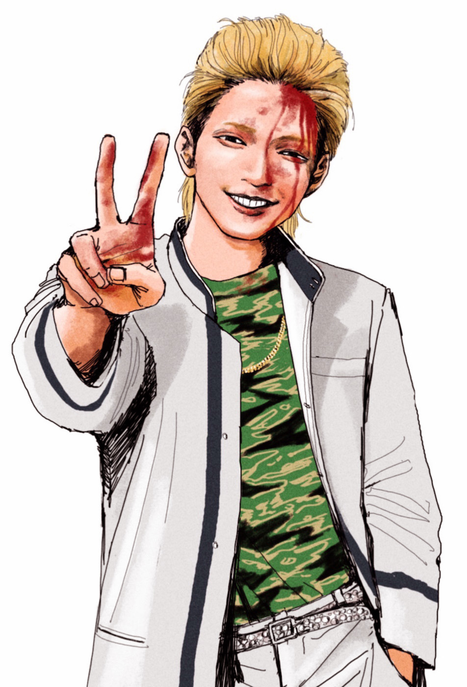 1boy, black_eyes, bleeding, blonde_hair, blood, blood_from_forehead, blood_on_face, blood_on_hands