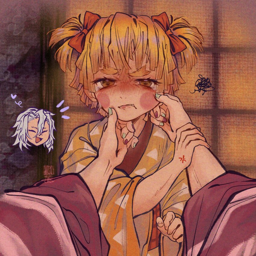 2boys, agatsuma_zenitsu, blonde_hair, blush, bow, crying, crying_with_eyes_open, frown