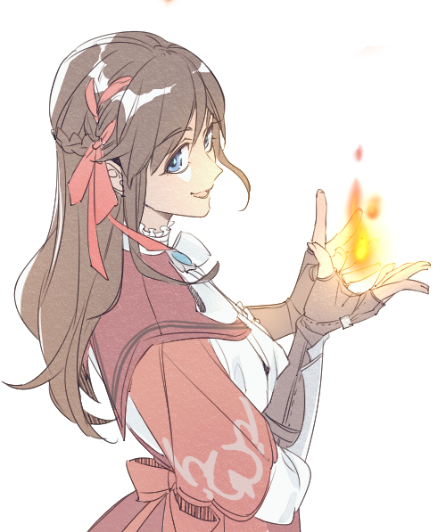 1girl, blue_eyes, cowenna, dark-skinned_female, dark_skin, fingerless_gloves, fire, gloves, mabinogi, magic, red_ribbon, rian_(bdl), ribbon, simple_background, smile