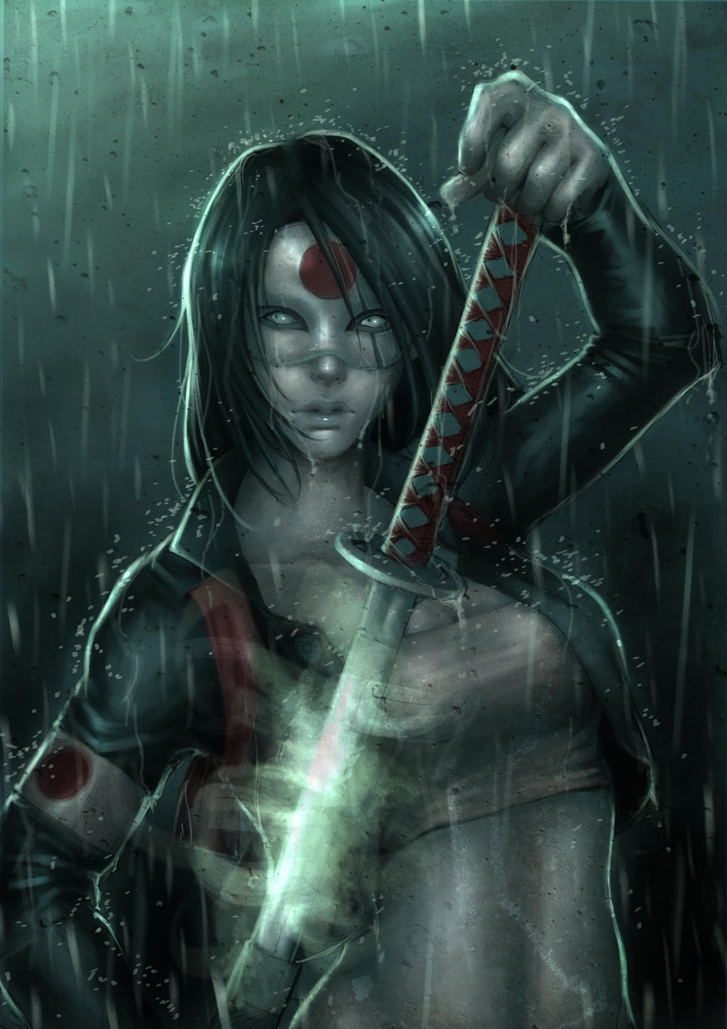 black_hair, dc_comics, highres, katana, katana_(dc), rain, sword, tatsu_yamashiro