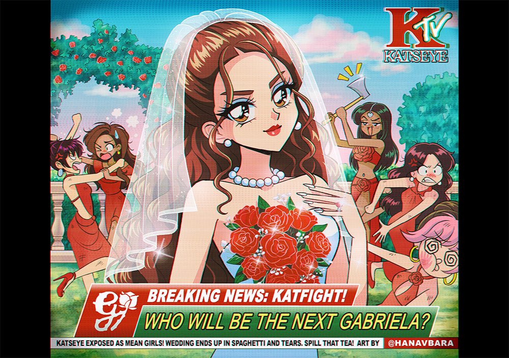 6+girls, @_@, anger_vein, animification, axe, bouquet, breaking_news, bridal_veil