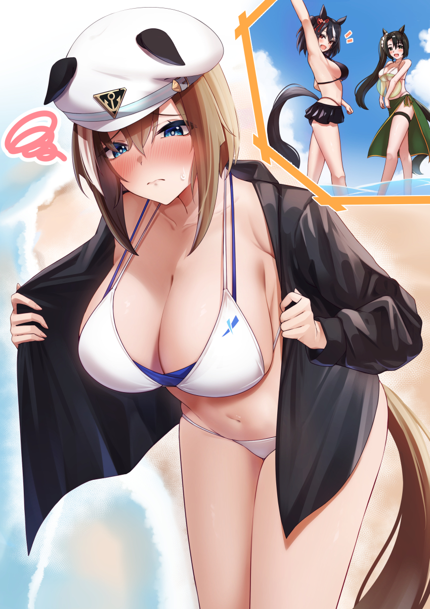 3girls, absurdres, animal_ears, arm_up, armpits, arugou, beach, bikini