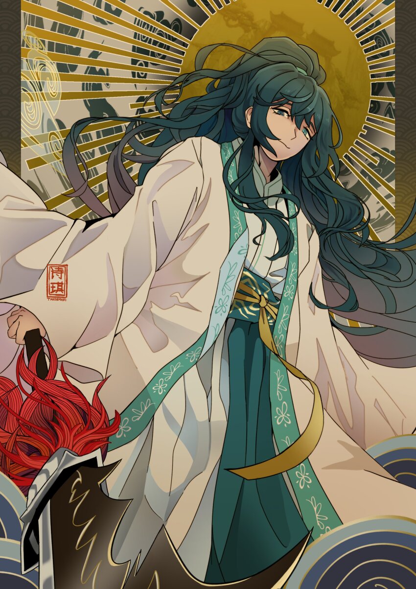 1boy, absurdres, black_eyes, black_hair, blue_eyes, blue_sash, chinese_clothes, hanfu