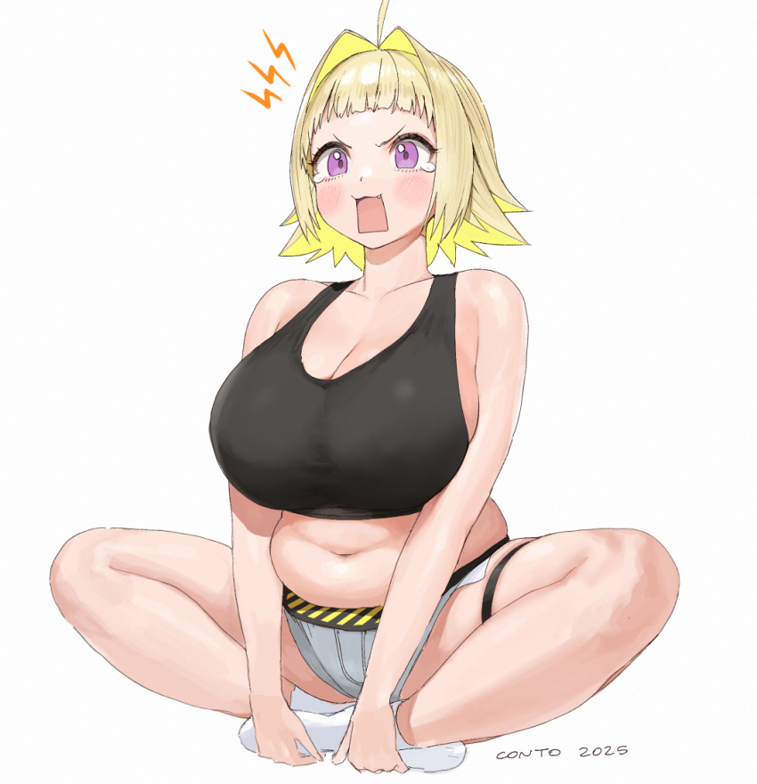 1girl, ahoge, alternate_bangs, bare_shoulders, blonde_hair, blush, breasts, cleavage, commentary, conto, crop_top, cut_bangs, elegg_(nikke), english_commentary, fang, goddess_of_victory:_nikke, grey_shorts, hair_intakes, huge_breasts, micro_shorts, open_mouth, plump, purple_eyes, short_hair, short_shorts, shorts, simple_background, sitting, skindentation, sleeveless, socks, solo, tears, thigh_strap, white_background, white_socks