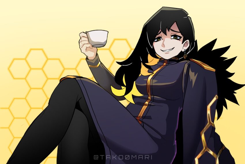 1girl, binah_(project_moon), black_coat, black_dress, black_eyes, black_hair, black_pantyhose, blonde_hair