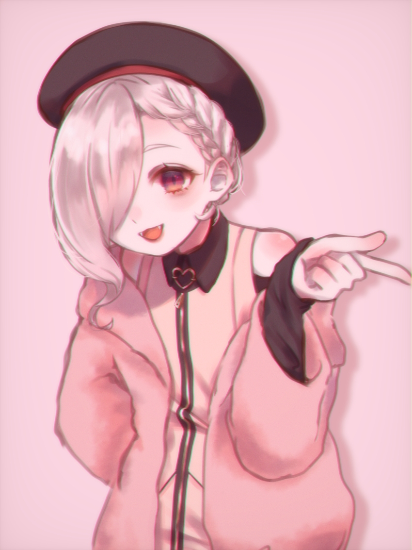 1girl, beret, black_hat, blonde_hair, braid, fangs, hair_over_one_eye, hat