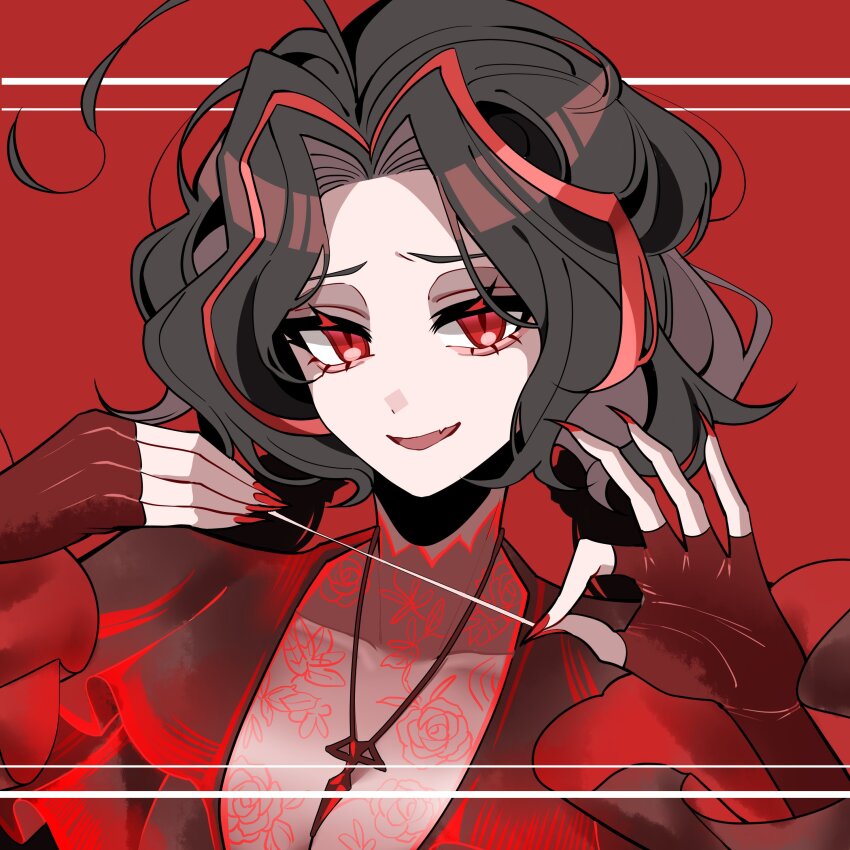 1girl, absurdres, ahoge, black_hair, breasts, cleavage, dress, drill_hair