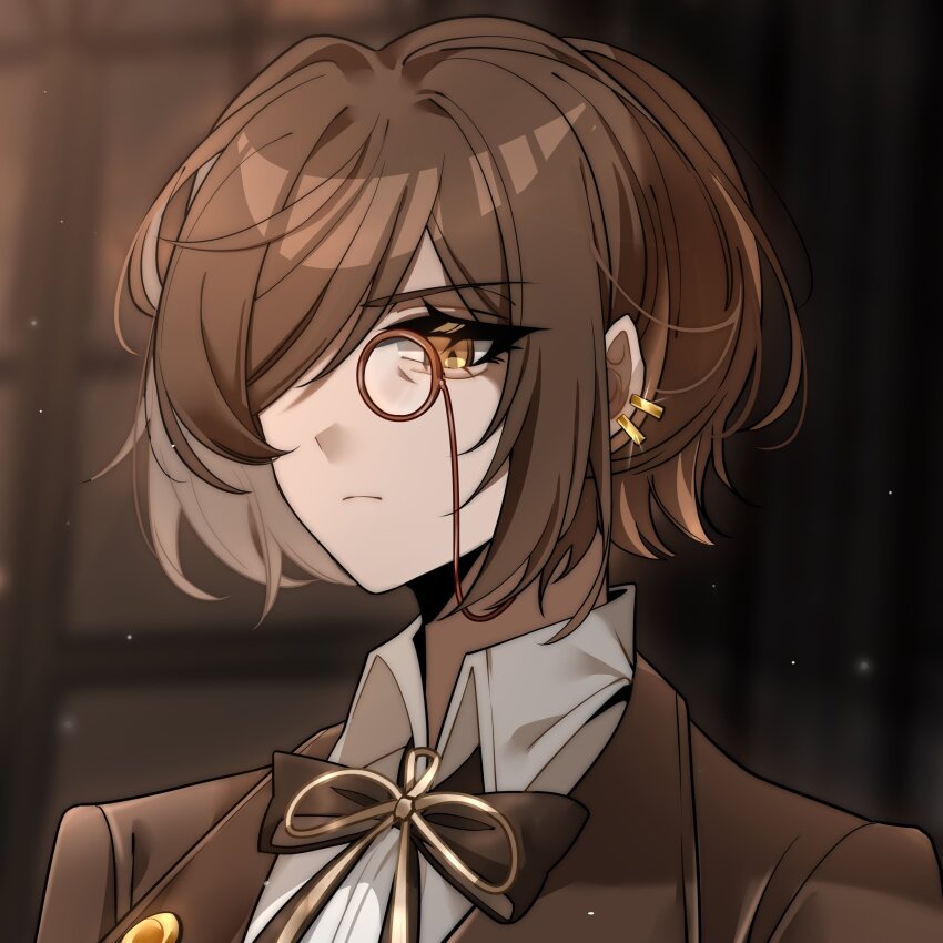 1girl, absurdres, bow, bowtie, brown_background, brown_bow, brown_bowtie, brown_hair, brown_jacket, butler, closed_mouth, collared_shirt, commentary, crossdressing_(ftm), english_commentary, female_butler, highres, jacket, limbus_company, looking_at_viewer, monocle, outis_(project_moon), project_moon, shirt, short_hair, simple_background, solo, tachibana_limbu, upper_body, white_shirt, wuthering_heights_(identity)_(project_moon), yellow_eyes
