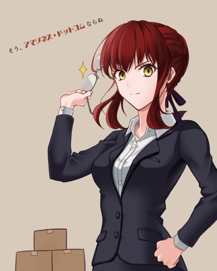 1girl, alternate_costume, black_jacket, black_suit, box, braid, breasts, cardboard_box