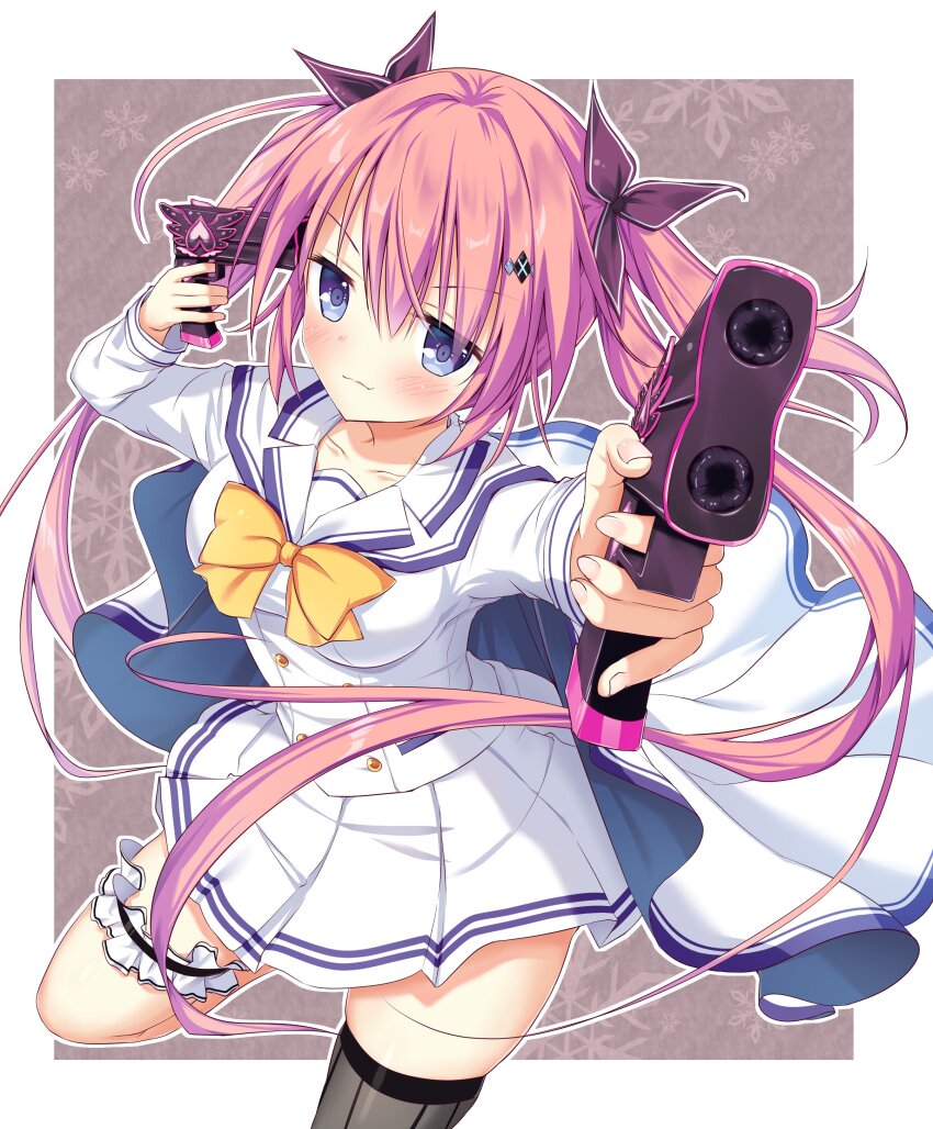 1girl, :3, absurdres, asymmetrical_legwear, black_ribbon, black_thighhighs, blue_eyes, blush