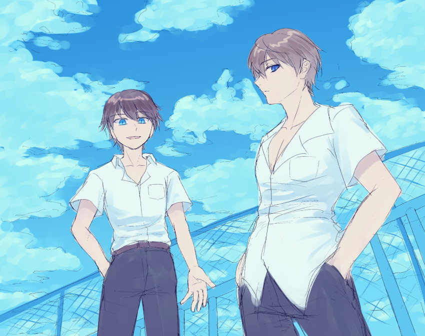2boys, blue_eyes, brown_hair, chain-link_fence, fence, highres, male_focus, mamiya_takuji