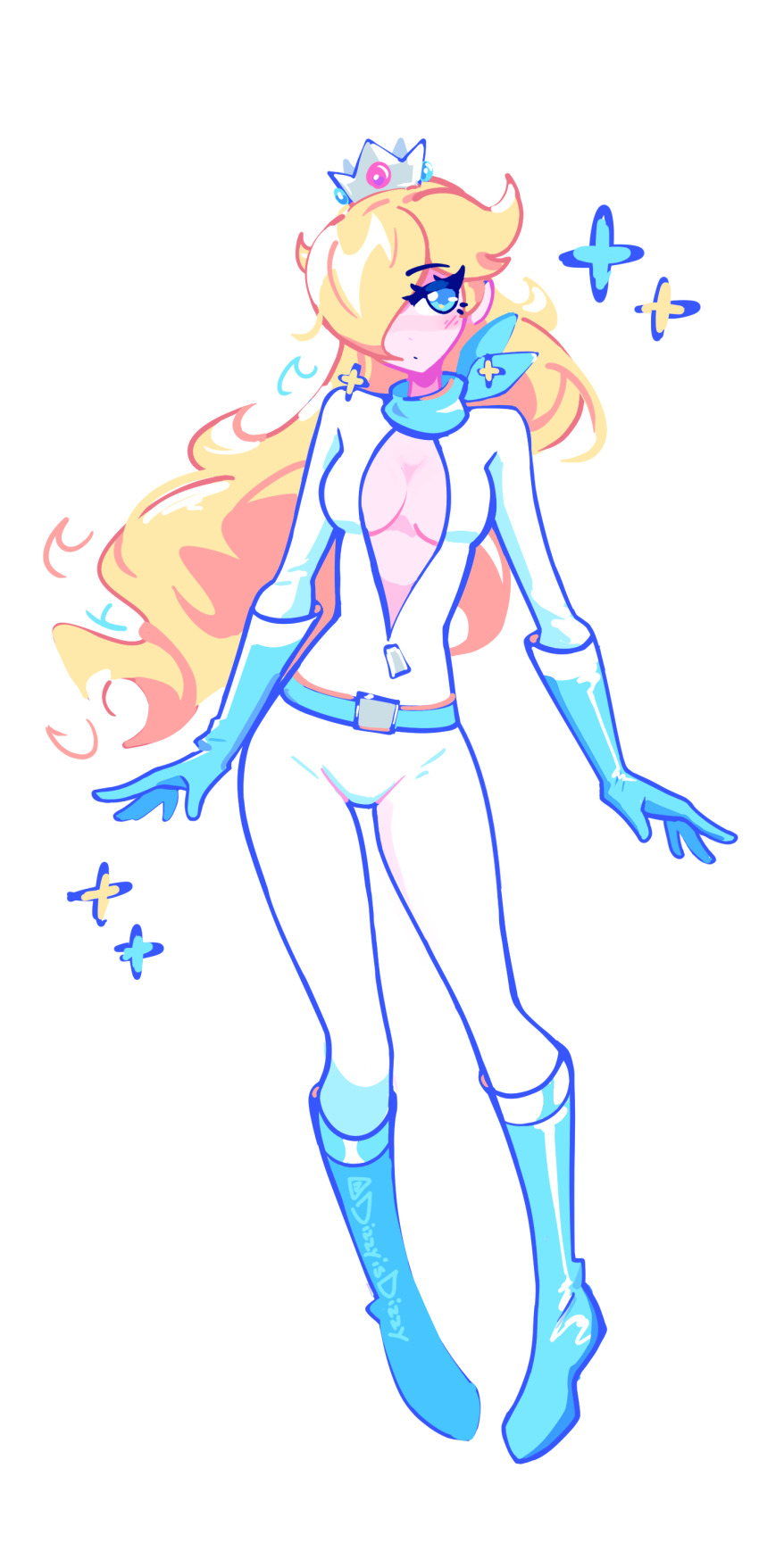 1girl, absurdres, belt, biker_rosalina, blonde_hair, blue_eyes, bodysuit, boots