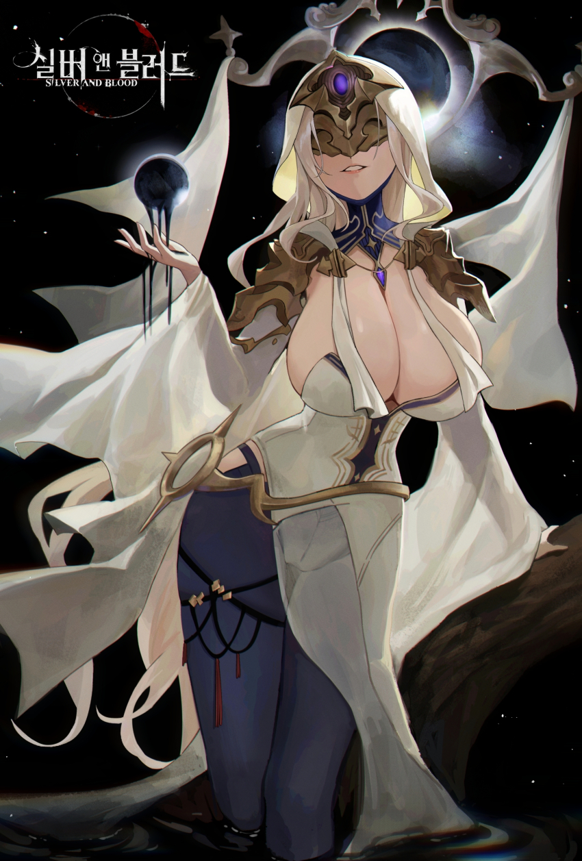 1girl, absurdres, biya_(1024), blindfold_mask, breasts, cleavage, dress, grin