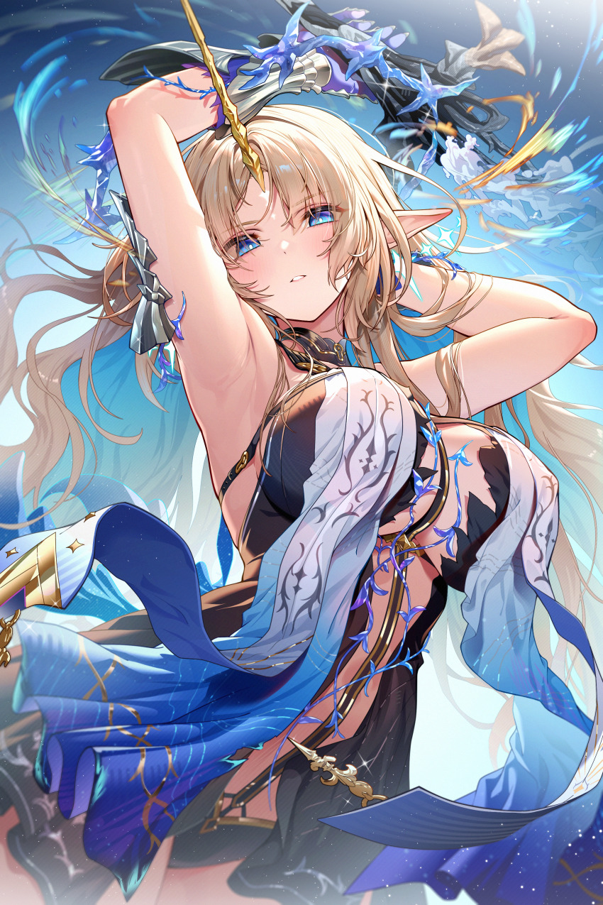 1girl, absurdres, arm_behind_head, armpits, arms_up, axe_ftga8758, black_dress, blonde_hair, blue_eyes, blue_hair, blush, breasts, colored_inner_hair, commentary, cowboy_shot, dress, earrings, fleurdelys_(wuthering_waves), floating_earrings, highres, horns, huge_breasts, jewelry, long_hair, long_horns, looking_at_viewer, multicolored_hair, parted_lips, pointy_ears, presenting_armpit, sidelocks, single_horn, solo, tabard, tacet_mark_(wuthering_waves), very_long_hair, white_tabard, wuthering_waves, yellow_horns