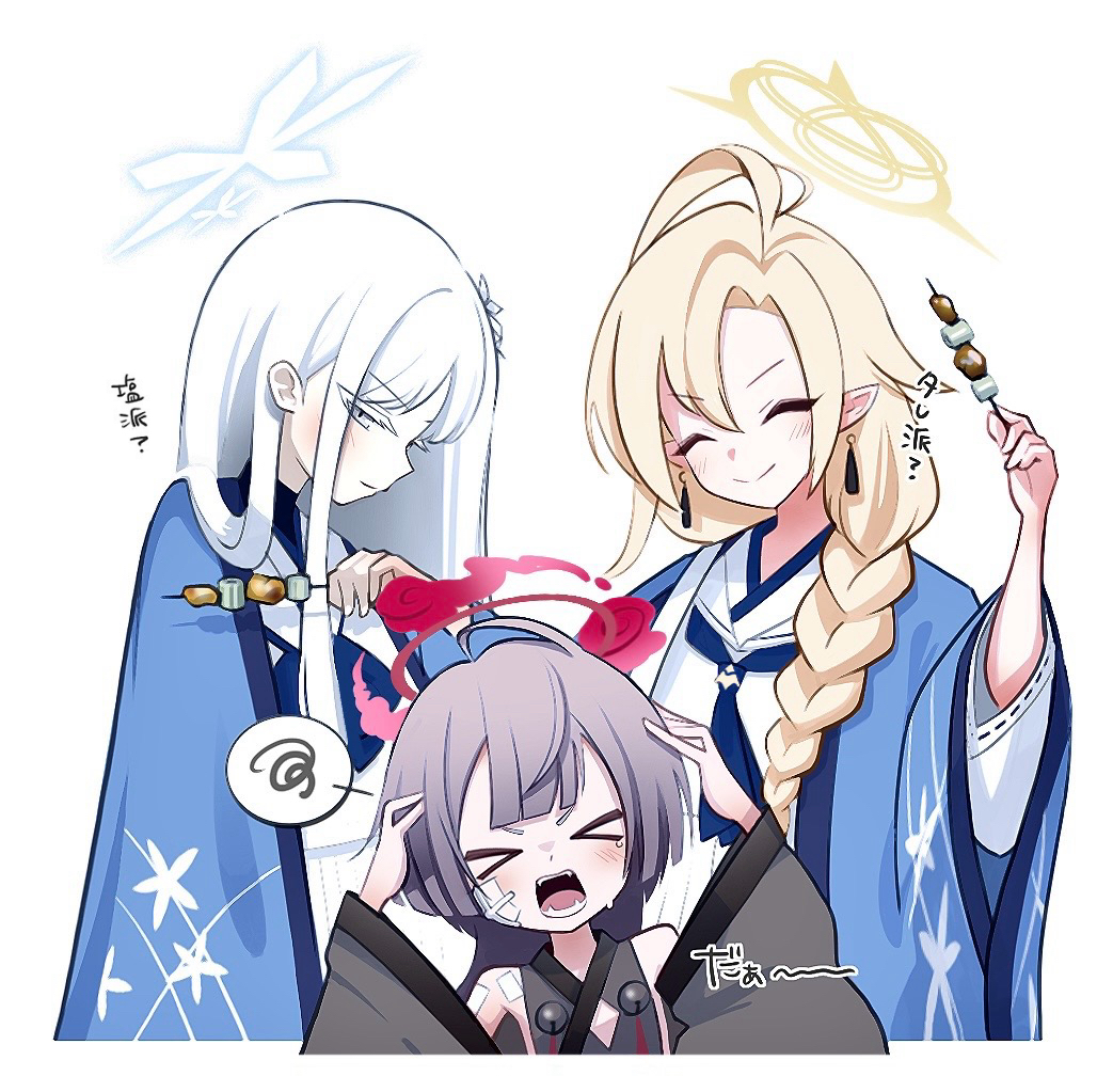 >_<, 3girls, ahoge, ayame_(blue_archive), bandages, black_kimono, blonde_hair, blue_archive