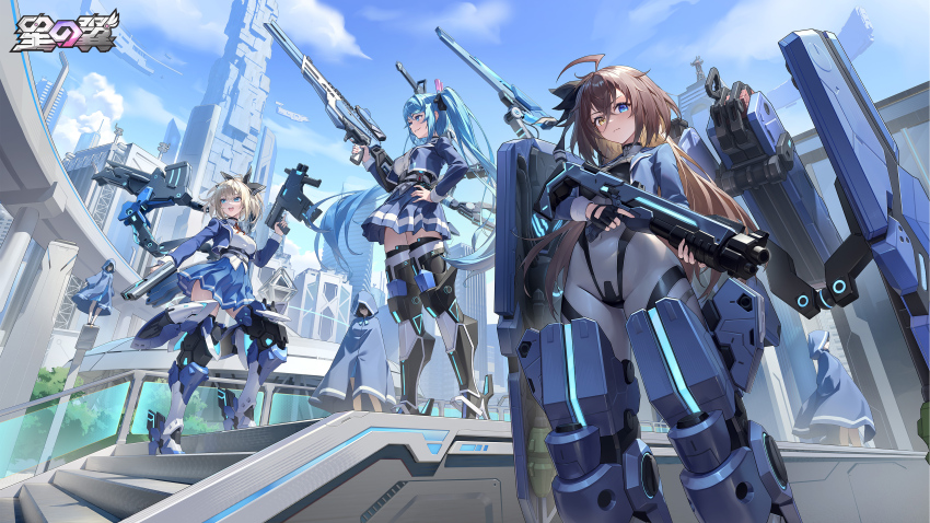 3girls, absurdres, ahoge, armored_boots, black_gloves, blonde_hair, blue_eyes, blue_hair, blue_skirt, blue_sky, bodysuit, boots, breasts, brown_hair, building, cloud, copyright_name, day, fingerless_gloves, from_below, gloves, grey_bodysuit, gun, hair_between_eyes, hand_on_own_hip, headgear, heterochromia, hibiki_(starward), highres, hikari_(starward), holding, holding_gun, holding_weapon, jacket, kaze_(starward), large_breasts, logo, long_hair, looking_at_viewer, mecha_musume, mechanical_arms, mechanical_legs, medium_breasts, multiple_girls, official_art, open_mouth, outdoors, pleated_skirt, rifle, science_fiction, skirt, sky, skyscraper, smile, sniper_rifle, standing, starward, thighhighs, twintails, weapon, yellow_eyes