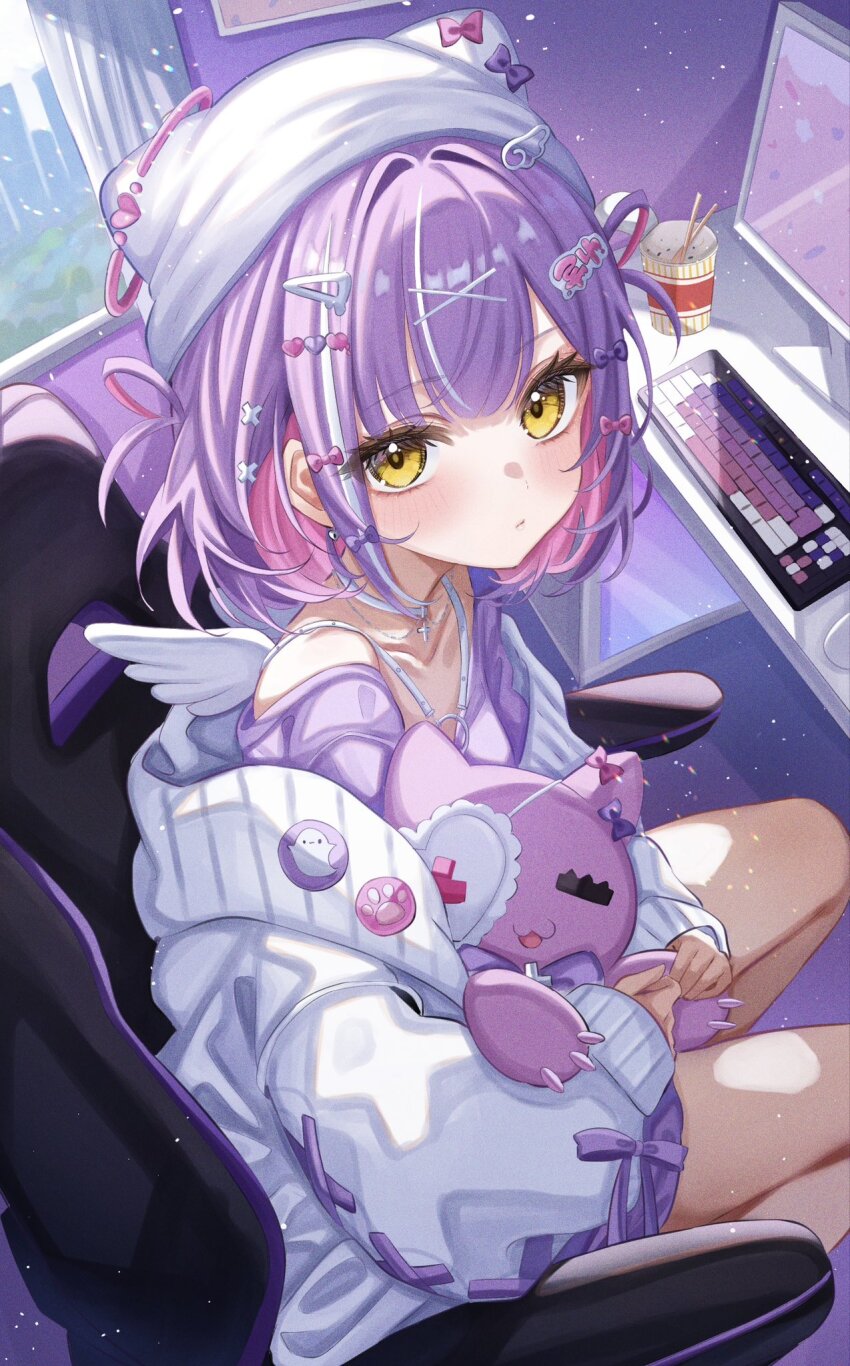 1girl, cardigan, chair, chest_harness, commentary, computer_keyboard, cross-laced_clothes, cross-laced_sleeves