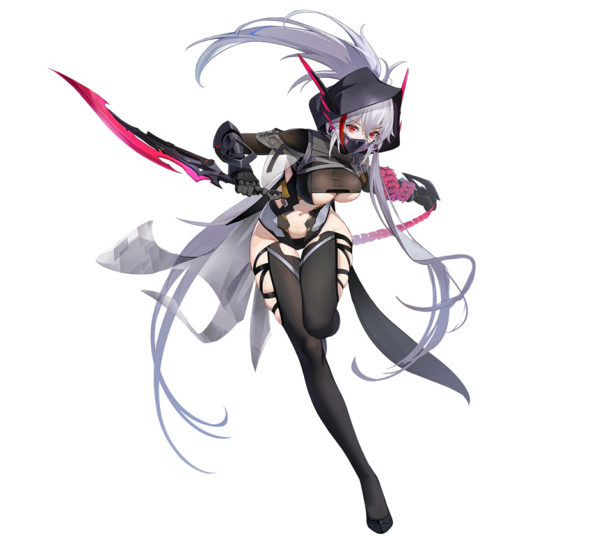 1girl, black_leotard, black_thighhighs, breasts, clothing_cutout, dagger, full_body, gauntlets, gloves, grey_hair, holding, holding_dagger, holding_knife, holding_weapon, hood, hood_up, knife, large_breasts, leg_up, leotard, long_hair, looking_at_viewer, mask, mouth_mask, multicolored_hair, navel, navel_cutout, ninja, official_art, ponytail, red_eyes, red_hair, see-through_clothes, shadow_(starward), simple_background, solo, standing, standing_on_one_leg, starward, streaked_hair, thigh_gap, thighhighs, transparent_background, underboob, very_long_hair, weapon, white_background, white_hair