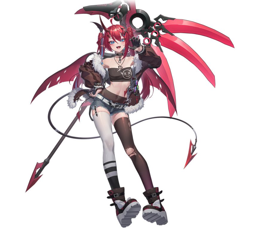 1girl, :d, ahoge, asymmetrical_gloves, asymmetrical_legwear, bandeau, bare_shoulders, belt, belt_buckle, black_choker, black_gloves, black_jacket, black_thighhighs, blue_eyes, blue_shorts, boots, breasts, brown_jacket, buckle, chain, chain_necklace, choker, claw_pose, collarbone, crop_top, cutoffs, demon_girl, demon_horns, demon_tail, demon_wings, denim, denim_shorts, emika_(starward), exposed_pocket, fang, fangs, fingernails, full_body, fur-trimmed_jacket, fur_trim, garter_straps, gloves, hair_between_eyes, hair_ornament, hairclip, hand_on_own_hip, hand_up, holding, holding_scythe, horns, jacket, jewelry, long_hair, long_sleeves, looking_at_viewer, micro_shorts, midriff, mismatched_legwear, nail_polish, navel, necklace, off_shoulder, official_art, open_clothes, open_jacket, open_mouth, pantyhose, red_hair, scythe, sharp_fingernails, sharp_teeth, shoes, short_shorts, shorts, simple_background, single_garter_strap, single_glove, single_leg_pantyhose, single_thighhigh, skindentation, small_breasts, smile, solo, spikes, standing, starward, stomach, stomach_tattoo, strapless, tachi-e, tail, tattoo, teeth, thighhighs, thighs, torn_clothes, torn_pantyhose, torn_thighhighs, transparent_background, tube_top, twintails, uneven_legwear, virtual_youtuber, weapon, white_background, white_belt, white_thighhighs, wings, x_hair_ornament, zipper, zipper_pull_tab