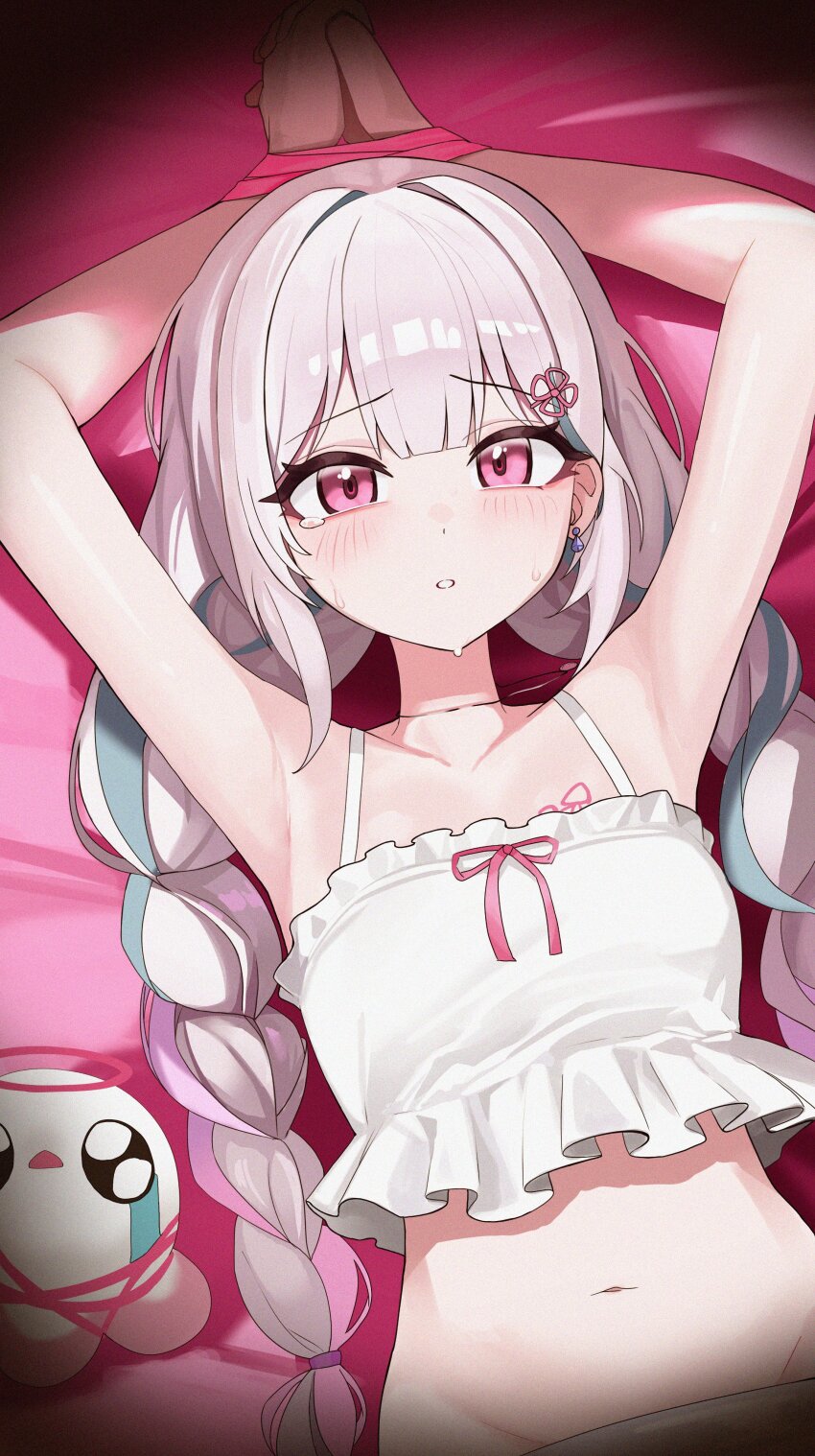1girl, absurdres, armpits, arms_up, bare_arms, bare_shoulders, bed_sheet, bound, bound_wrists, braid, commentary_request, creature, crop_top, earrings, frilled_shirt, frills, highres, indie_virtual_youtuber, jewelry, lying, midriff, multicolored_hair, navel, necklace, on_back, parted_lips, pink_eyes, setakman, shirt, sleeveless, sleeveless_shirt, solo, spaghetti_strap, stomach, streaked_hair, tearing_up, twin_braids, twintails, umine_ako, virtual_youtuber, white_hair, white_shirt