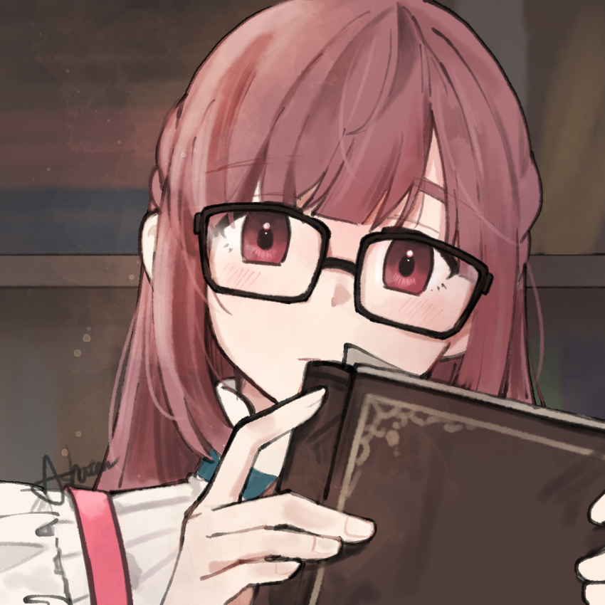 1girl, aeira_(mabinogi), black-framed_eyewear, blunt_bangs, book, brown_eyes, brown_hair, frills, glasses, highres, holding, holding_book, mabinogi, outdoors