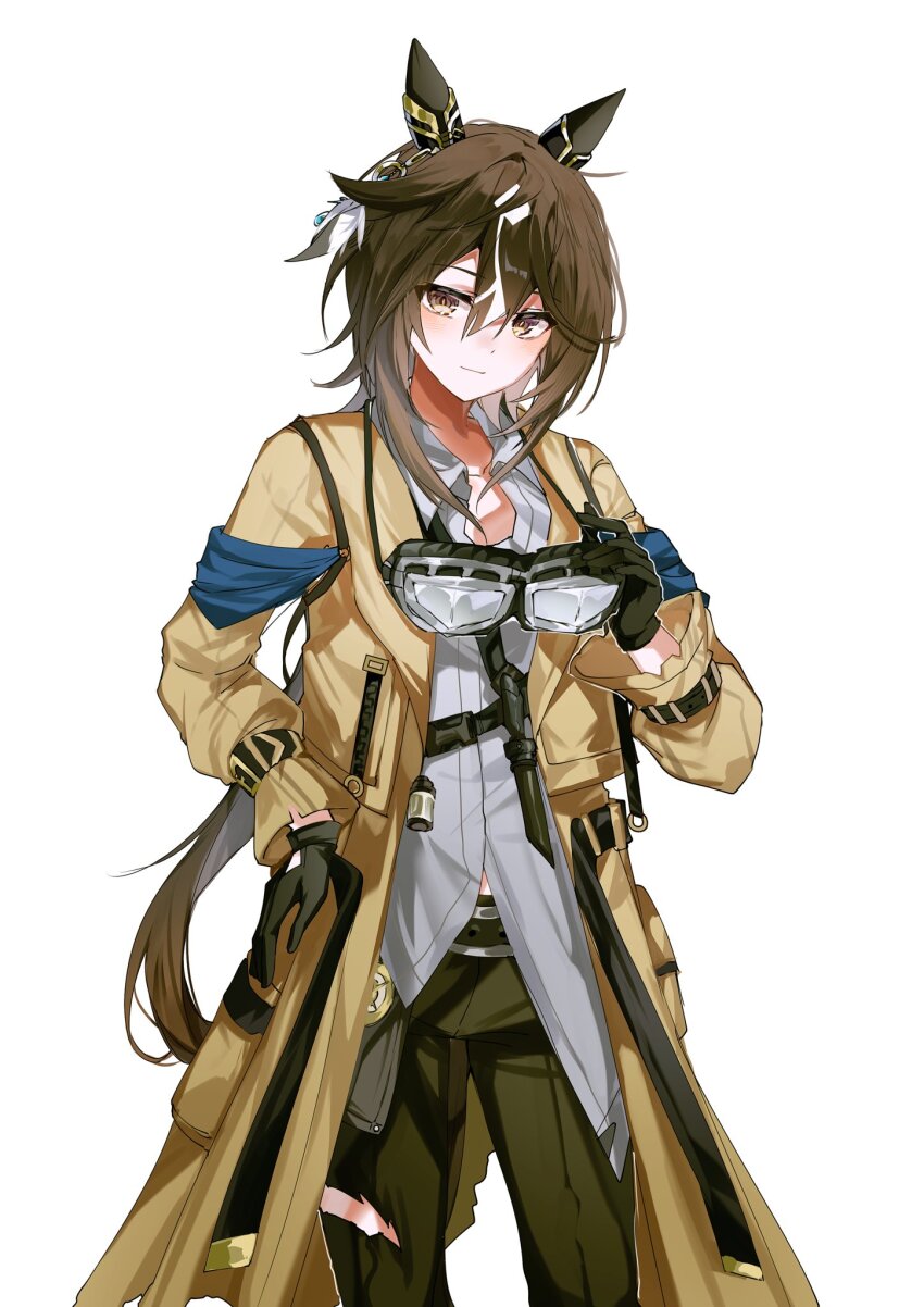 1girl, animal_ears, black_gloves, blush, brown_eyes, brown_hair, collared_shirt, combat_knife, commentary, cowboy_shot, gloves, goggles, goggles_around_neck, green_pants, highres, horse_ears, horse_girl, jacket, knife, long_hair, multicolored_hair, pants, ponytail, sb_(akagikeai), shirt, simple_background, solo, stay_gold_(sunlit_outsider)_(umamusume), stay_gold_(umamusume), streaked_hair, umamusume, weapon, white_background, white_hair, white_shirt, yellow_jacket