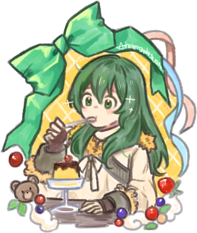 1girl, asha_in_erinn, fingerless_gloves, food, gloves, green_eyes, green_hair, green_ribbon