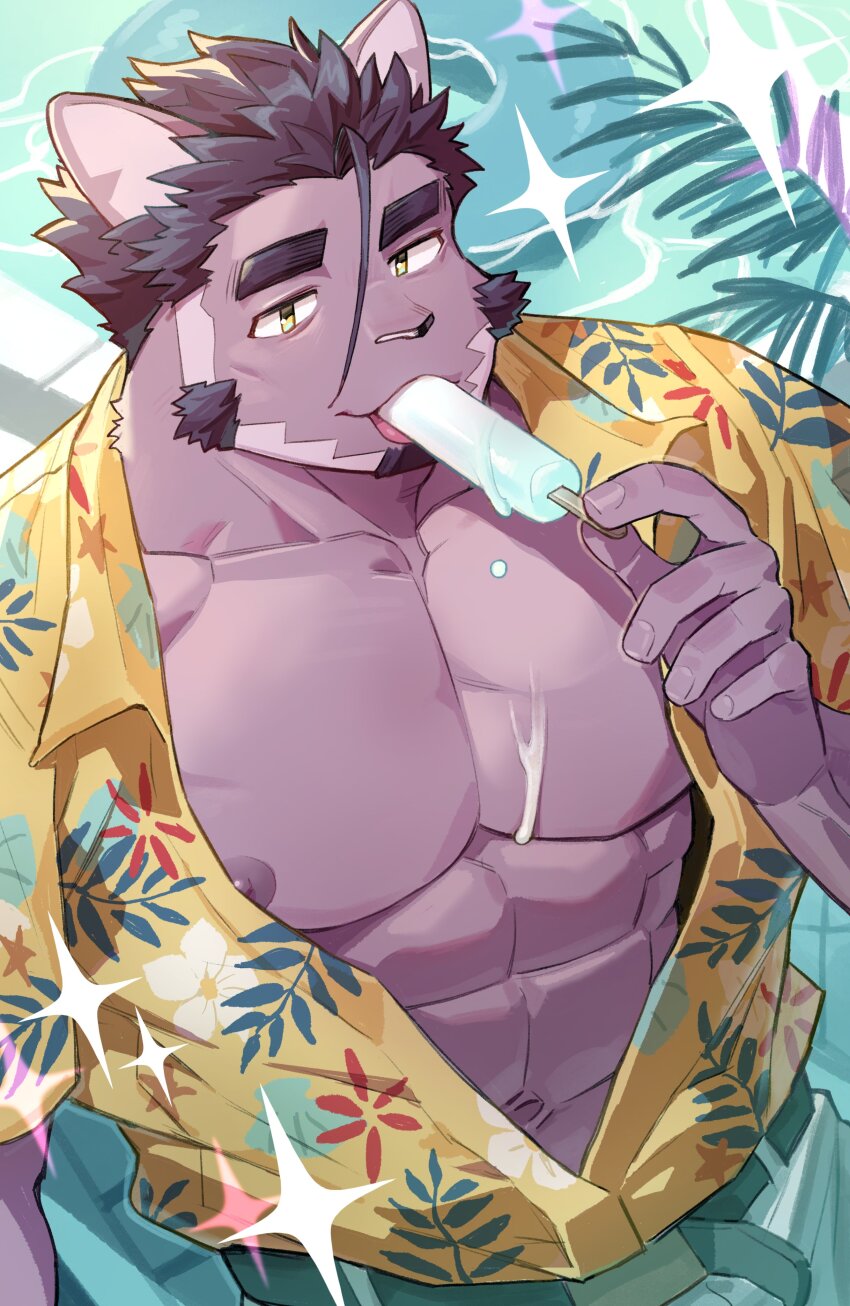 1boy, abs, absurdres, animal_ears, bara, bare_pectorals, beard, belt