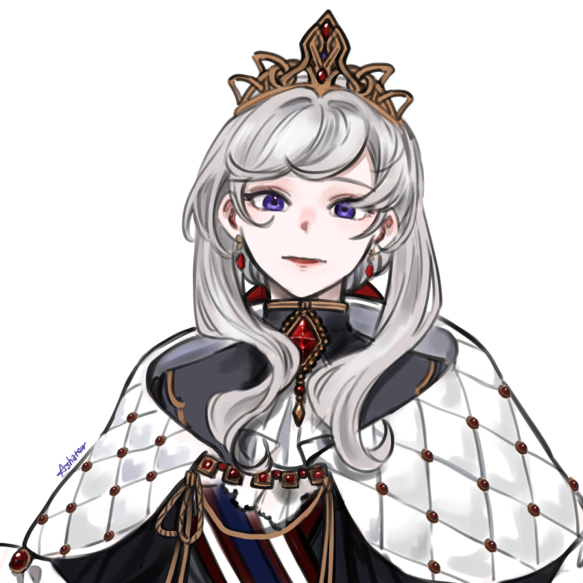 aged_up, asha_in_erinn, cloak, crown, eremon_(mabinogi), grey_hair, highres, jewelry, looking_at_viewer, mabinogi, purple_eyes, queen, simple_background, upper_body
