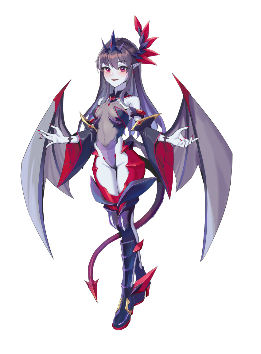 1girl, absurdres, aikawa_haruno, bare_shoulders, black_hair, blue_skin, blush, boots