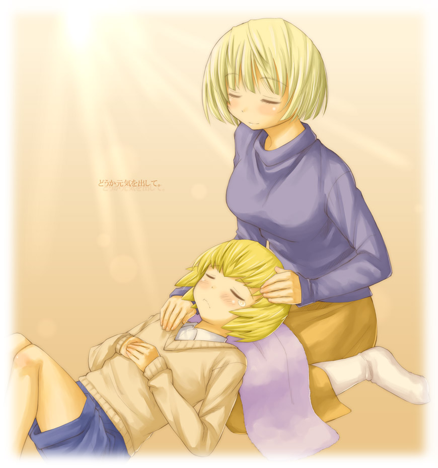 1boy, 1girl, atlus, blonde_hair, blush_stickers, bob_cut, breasts, casual