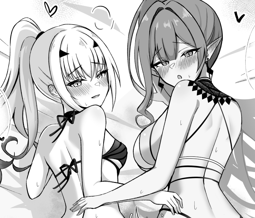 2girls, back, baobhan_sith_(fate), baobhan_sith_(swimsuit_pretender)_(third_ascension)_(fate), bare_shoulders, bikini, blush, breasts