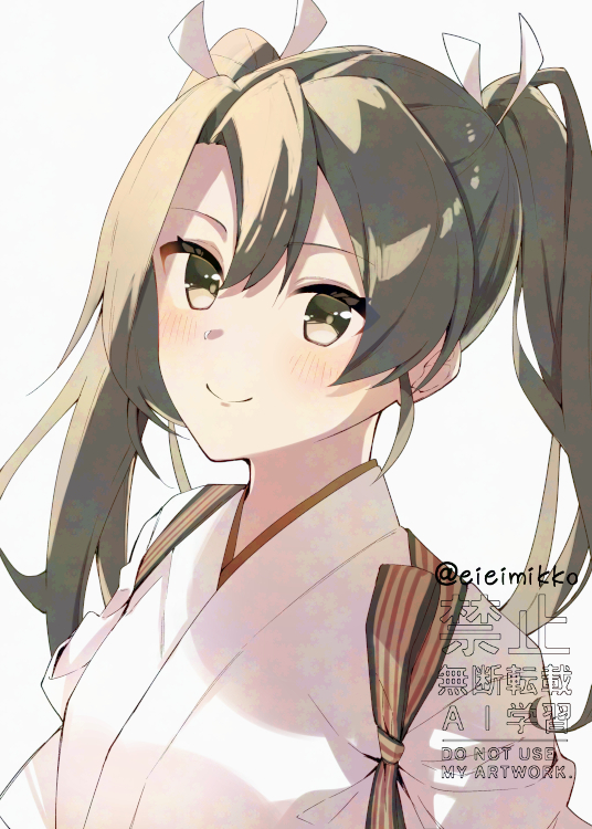 1girl, blush, closed_mouth, commentary_request, green_eyes, green_hair, hair_ribbon, kantai_collection