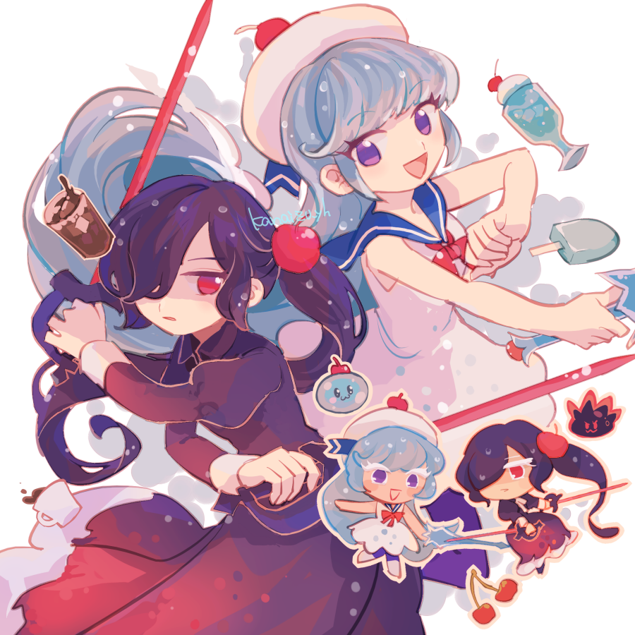 2girls, :d, artist_name, back-to-back, bare_arms, bare_shoulders, black_dress, blue_sailor_collar, breasts, bubble, cherry, cherry_cola_cookie, cherry_hair_ornament, cherry_hat_ornament, chibi, chibi_inset, cola, collared_dress, commentary_request, cookie_run, cookie_run:_ovenbreak, cookie_run:_tower_of_adventures, cowboy_shot, cream_soda_cookie, cup, dress, drinking_glass, dual_wielding, food, food-themed_hair_ornament, fruit, hair_ornament, hair_over_one_eye, hat, holding, holding_sword, holding_weapon, humanization, juliet_sleeves, kanaizu_yh, long_hair, long_sleeves, looking_at_viewer, multiple_girls, neckerchief, no_pupils, one_eye_covered, open_mouth, pantyhose, parted_lips, ponytail, pop-pop_bubble, popsicle, puffy_sleeves, purple_eyes, purple_pantyhose, red_eyes, red_neckerchief, sailor_collar, simple_background, sleeveless, sleeveless_dress, small_breasts, smile, soda_dollop, standing, sword, tongue, very_long_hair, weapon, white_background, white_dress, white_hat