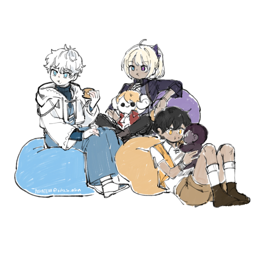 1girl, 2boys, aged_down, asha_in_erinn, earan_(mabinogi), eating, gorilla, highres