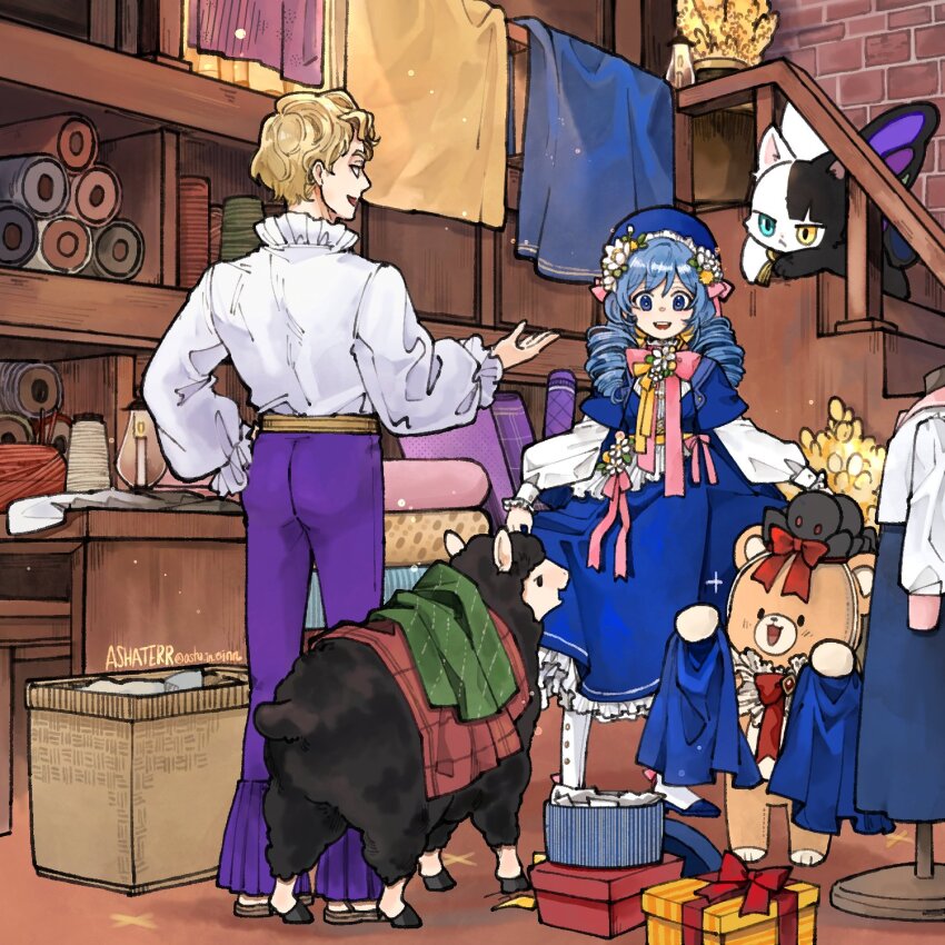 asha_in_erinn, bear, black_sheep, blue_hat, cat, clothes_shop, dress, drill_hair