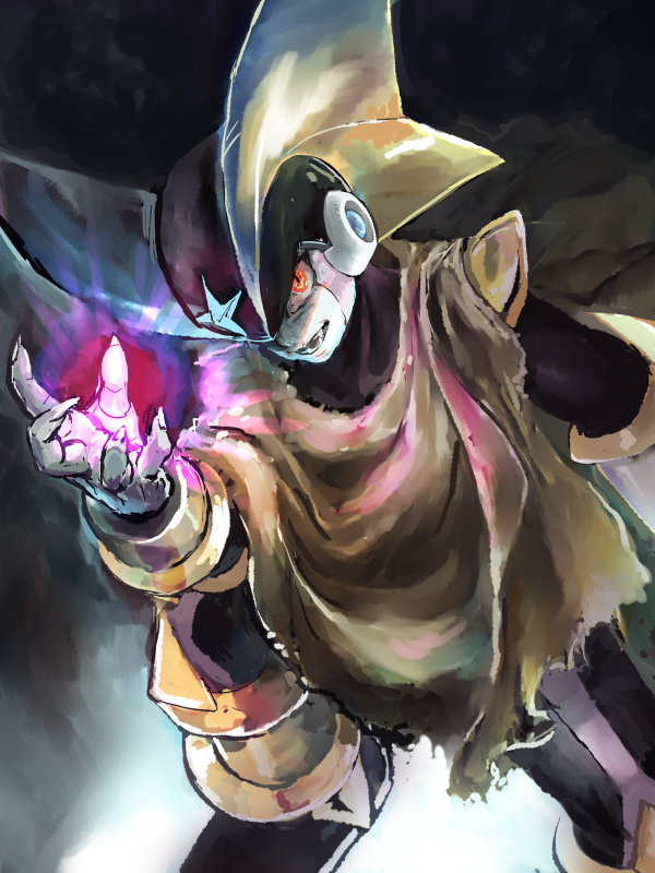 1boy, bass.exe_(mega_man), black_background, black_bodysuit, black_helmet, bodysuit, brown_cloak, cloak