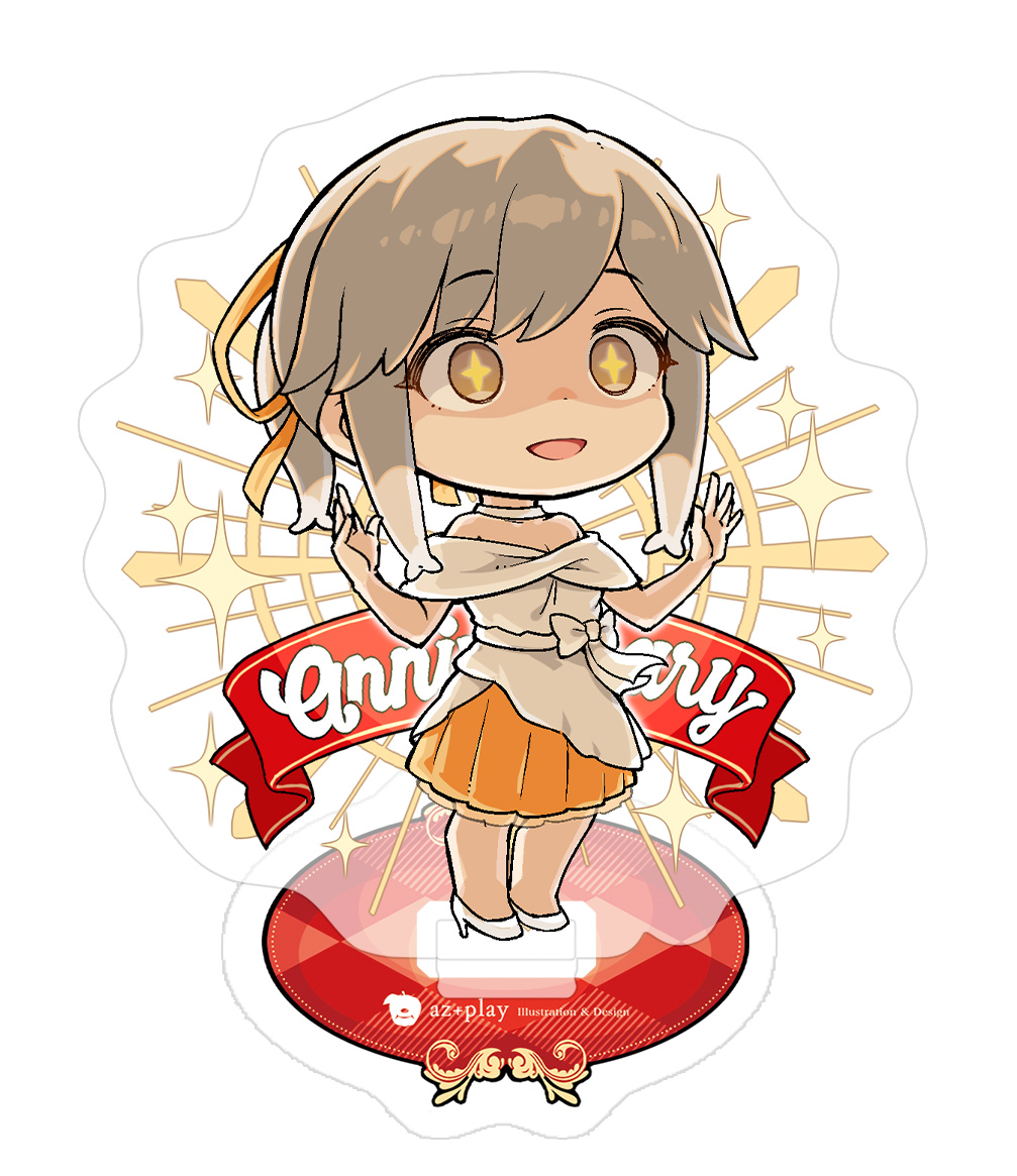 +_+, 1girl, aka_ringo, brown_eyes, chibi, commentary_request, dress, full_body