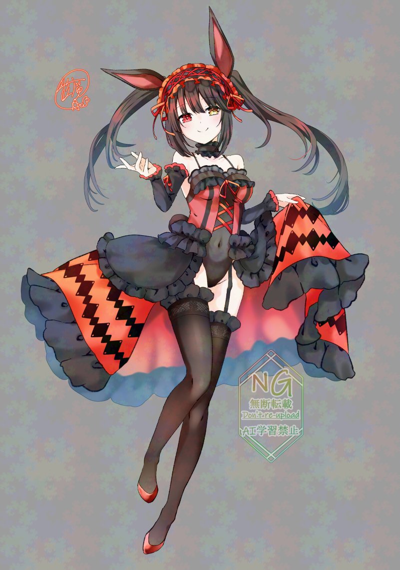 1girl, animal_ears, bare_shoulders, black_hair, black_thighhighs, breasts, clock_eyes, covered_navel