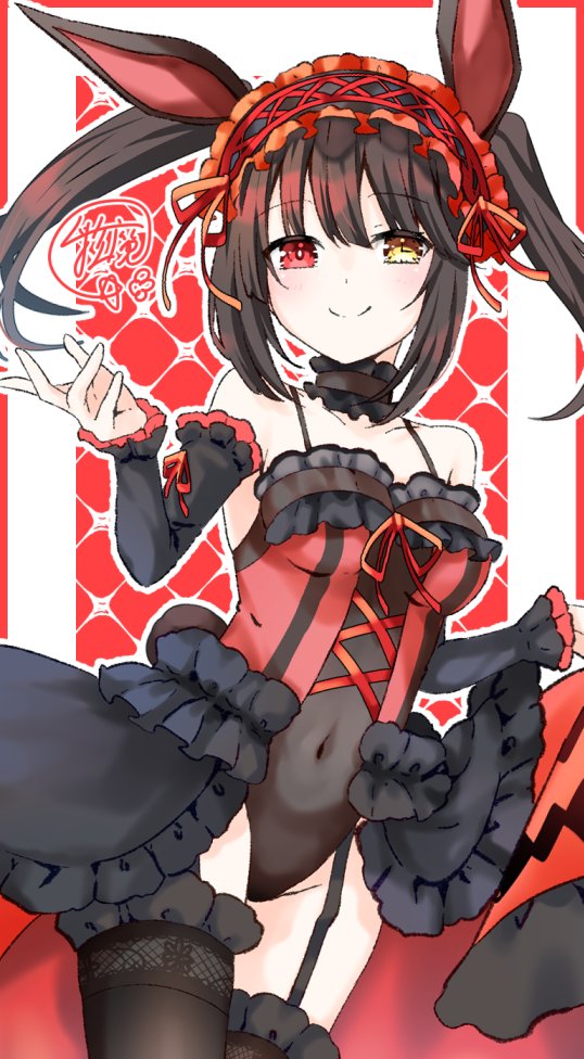 1girl, animal_ears, bare_shoulders, black_hair, black_thighhighs, breasts, clock_eyes, covered_navel