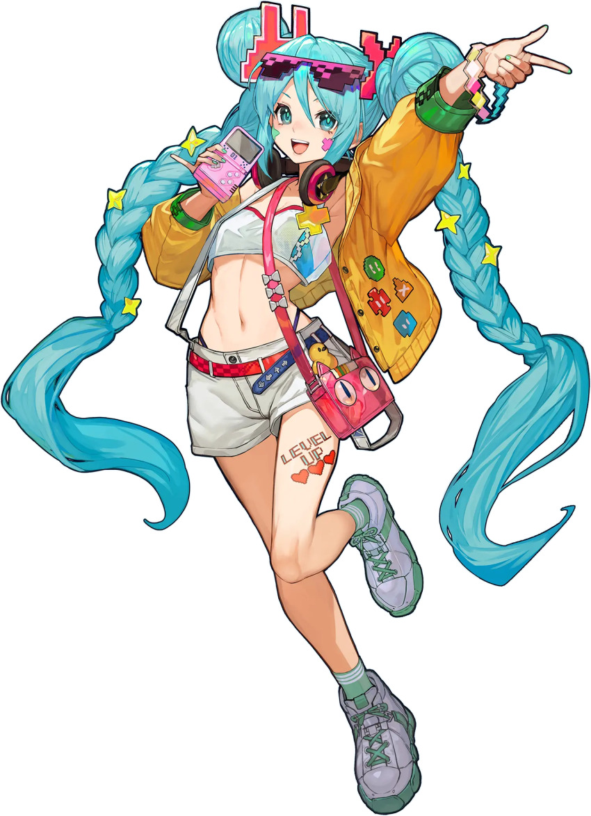 1girl, :d, aqua_eyes, aqua_hair, bag, balloon, belt, braid, braided_bun, commentary_request, digital_stars, digital_stars_miku, digital_stars_miku_(2025), double_bun, eyewear_on_head, finger_gun, foot_up, full_body, hair_between_eyes, hair_bun, hair_ornament, handheld_game_console, hatsune_miku, headphones, headphones_around_neck, heart, heart_tattoo, heisei_retro, highleg, highleg_panties, highres, holding, holding_handheld_game_console, jacket, lack, leg_tattoo, leg_up, long_hair, midriff, navel, official_art, open_clothes, open_jacket, open_mouth, panties, panty_straps, pixelated, red_belt, second-party_source, shoes, shoulder_bag, simple_background, smile, solo, sticker, sticker_on_face, sunglasses, tachi-e, tattoo, teeth, tongue, transparent_background, twintails, underwear, upper_teeth_only, very_long_hair, vocaloid, webp-to-png_conversion, webp-to-png_coversion, white_shoes, yellow_jacket
