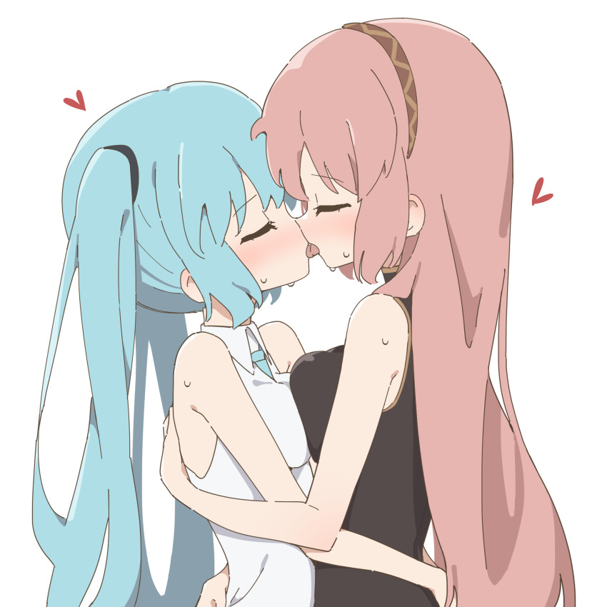 2girls, bare_arms, blue_hair, blush, breast_press, brown_hairband, closed_eyes, collared_shirt