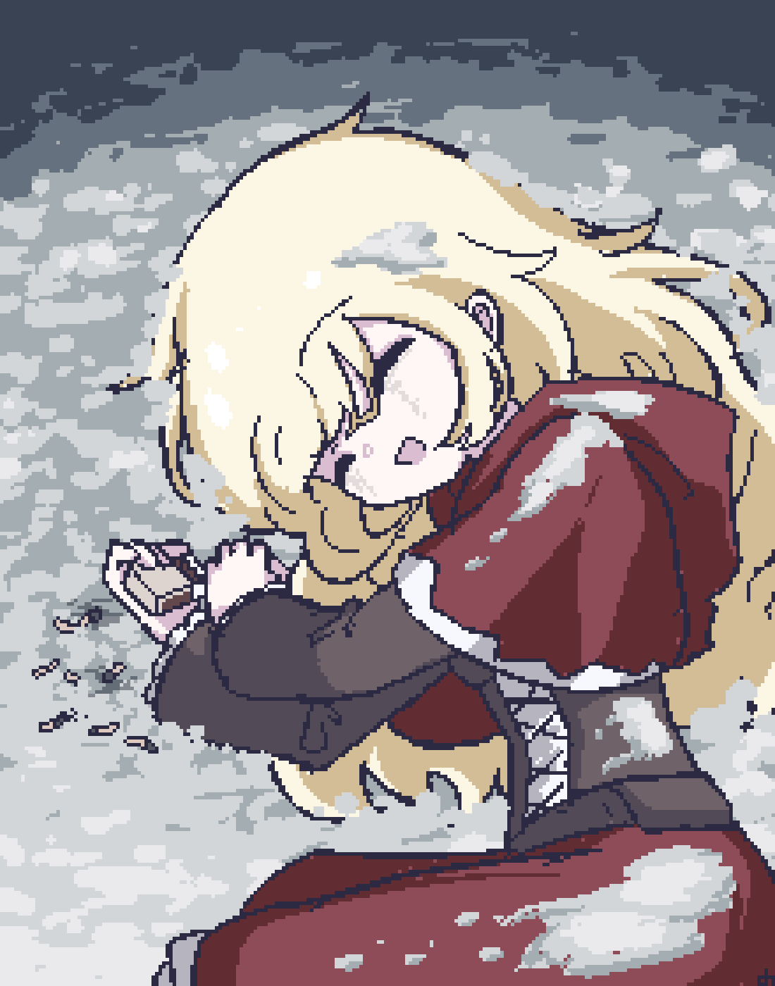 1girl, ^_^, andersen's_fairy_tales, blonde_hair, brown_corset, capelet, chibikki, closed_eyes, commentary, corset, cross-laced_clothes, cross-laced_corset, highres, holding, holding_matchbox, little_match_girl, long_hair, long_sleeves, lying, matchbox, matches, on_ground, on_side, open_mouth, outdoors, pixel_art, red_capelet, red_skirt, skirt, smile, snow, solo